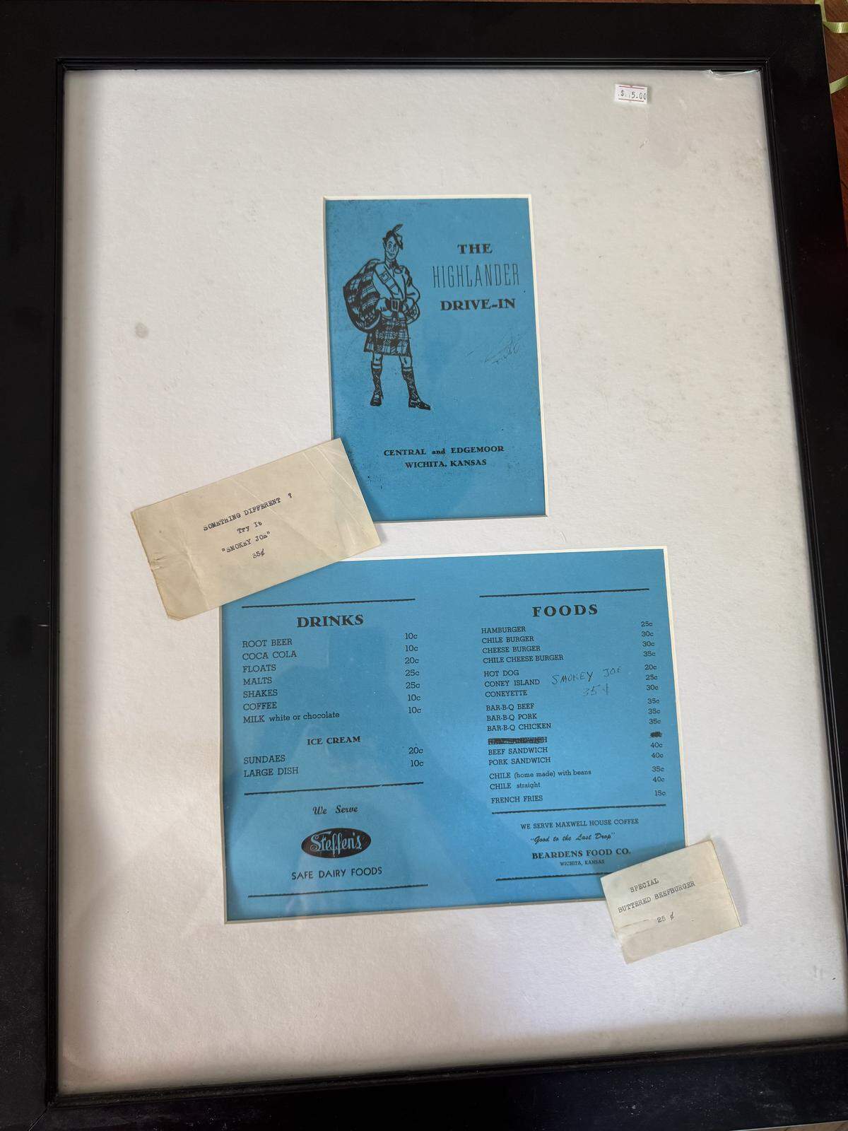 Framed copies of the menu from the Highlander Drive-In were discovered at an estate sale. The drive-in at Central and Edgemoor was popular with 1950s teens, who would reunite for 15 years in the early 2000s to share their memories.