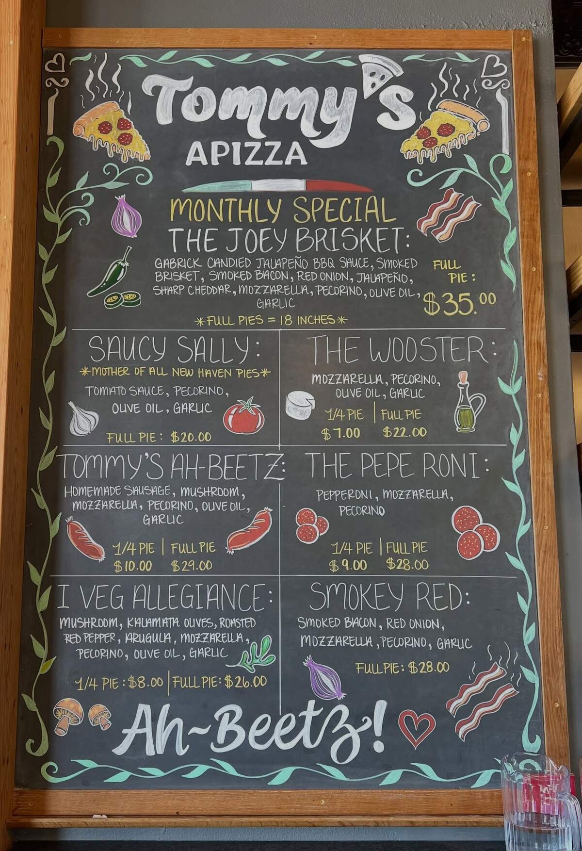 The opening menu for Tommy’s Apizza at 2330 E. Douglas. Its official opening day is today.