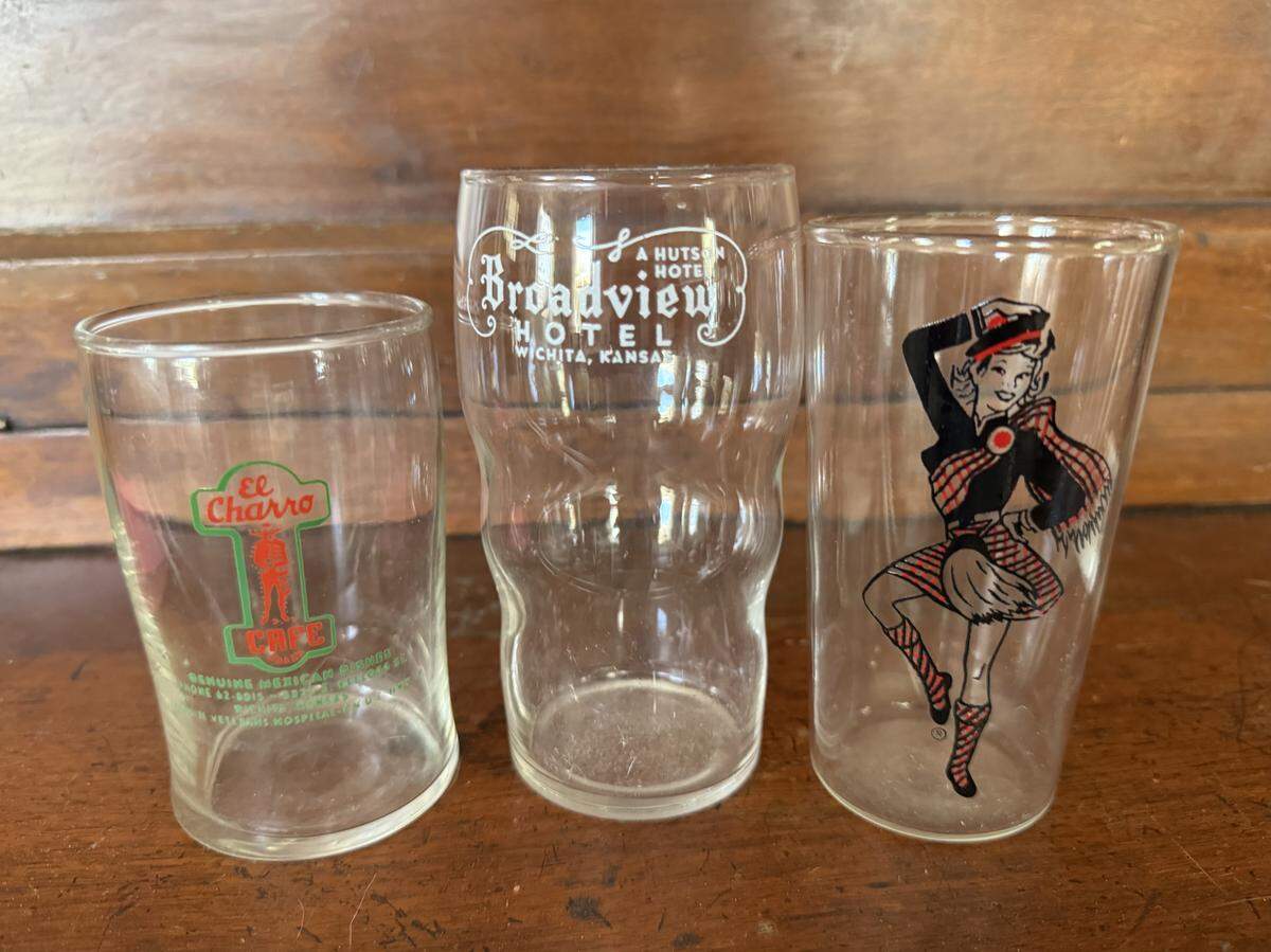 Among the Wichita restaurant relics I rescued from local antique stores during a recent day off were drinking glasses from, left to right, El Charro Cafe, the Broadview Hotel and Sandy’s Drive-In.