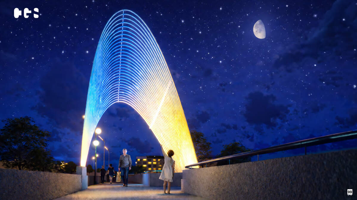 A design firm from Venice, California, was selected to create public art that will be included in the rebuild of the First Street Bridge over the Arkansas River. The design includes two 22-foot-tall, glowing arches that can change colors.