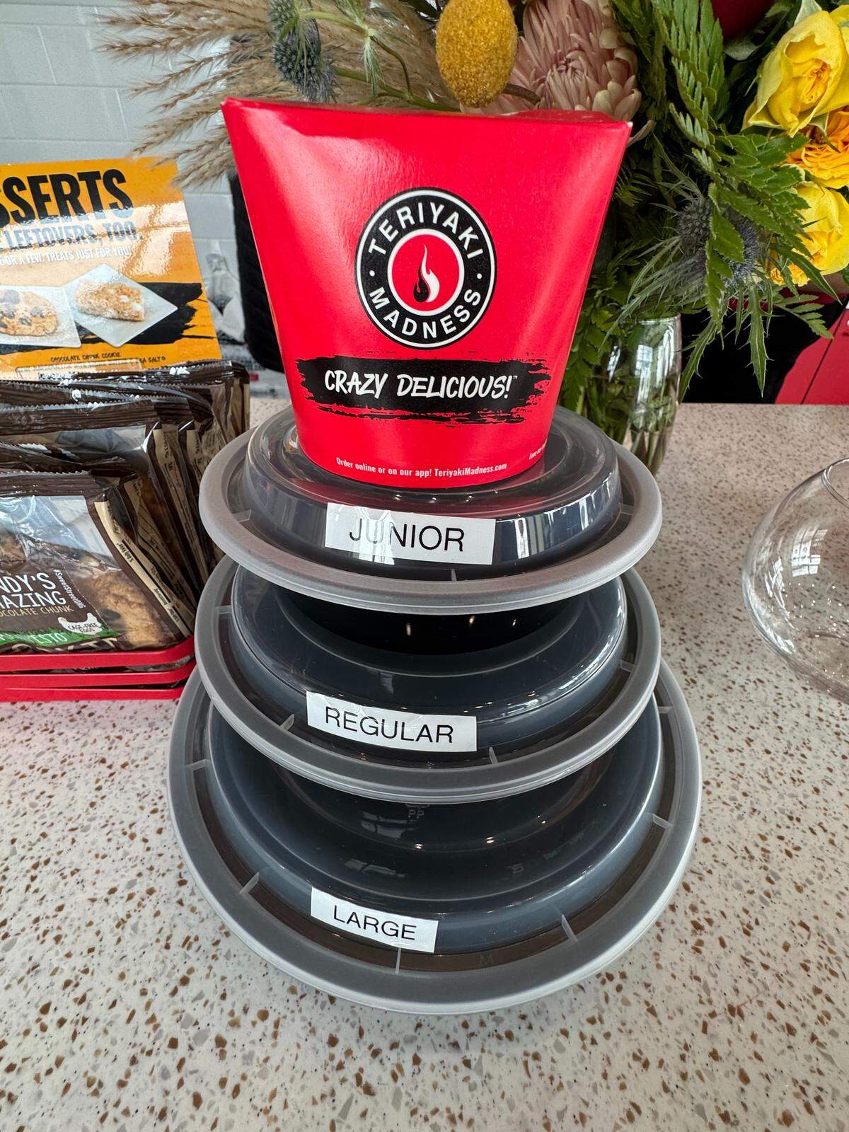 Bowls at Teriyaki Madness come in three sizes, and the franchisees say the portions are huge.