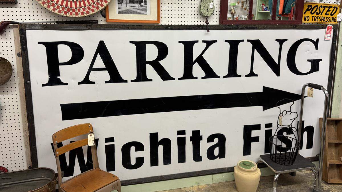 A sign that used to hang on the Wichita Fish Co. building when it was at 1601 W. Douglas is now for sale at Hudson Antique Market.