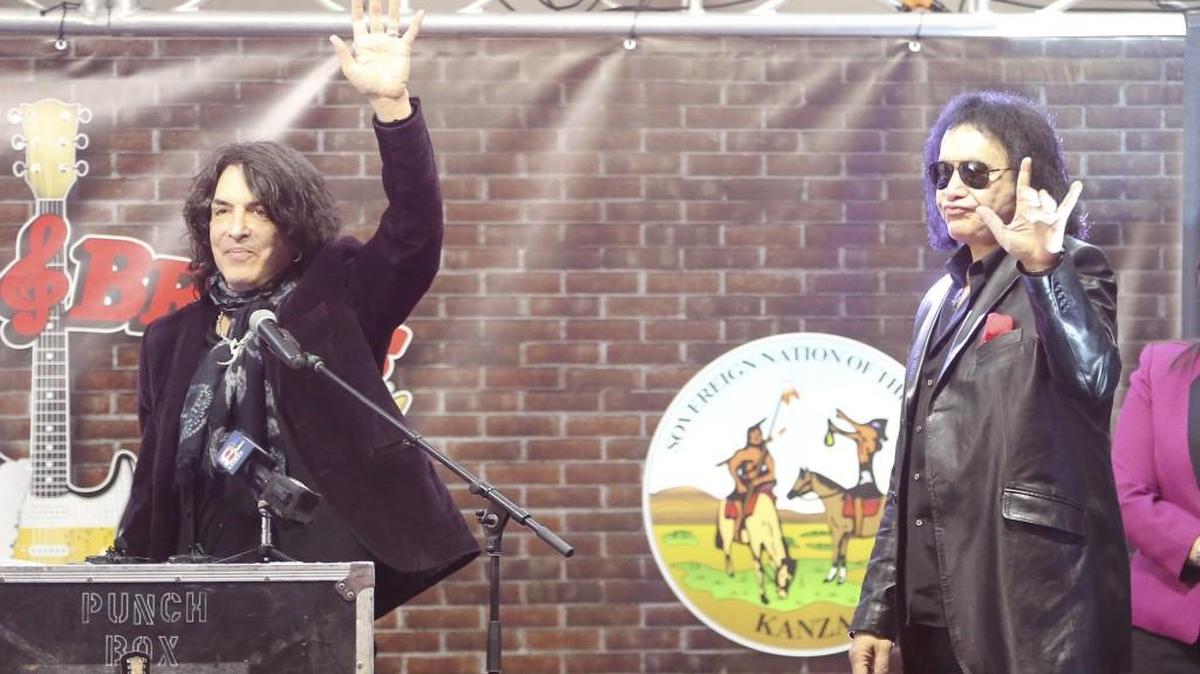 Paul Stanley, left, and Gene Simmons of the rock band KISS attend a groundbreaking for the Rock & Brews Casino and Resort in Braman, Okla., on Thursday. Simmons and Stanley are business partners in the casino. (Jan. 12, 2017)