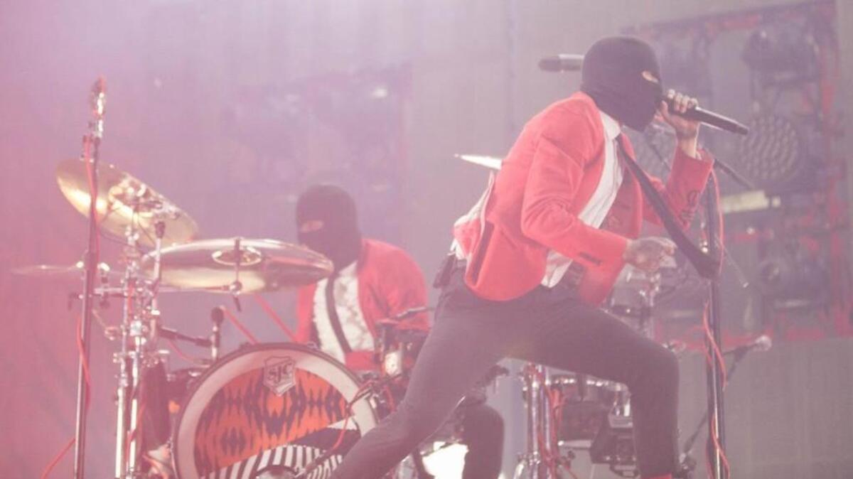 Twenty One Pilots drummer Josh Dun, left and lead singer Tyler Joseph perform at Intrust Bank Arena on Friday night. The band performed in front of sold-out crowd. (Feb. 3, 2017)
