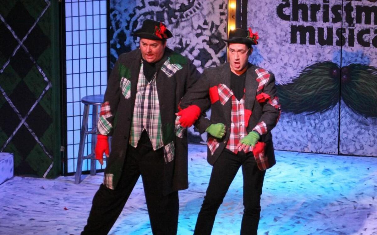 Kyle Vespestad, left, and Monte Wheeler play poor carolers from the Depression in “The Kyle & Monte Christmas Musical” at Roxy’s Downtown.