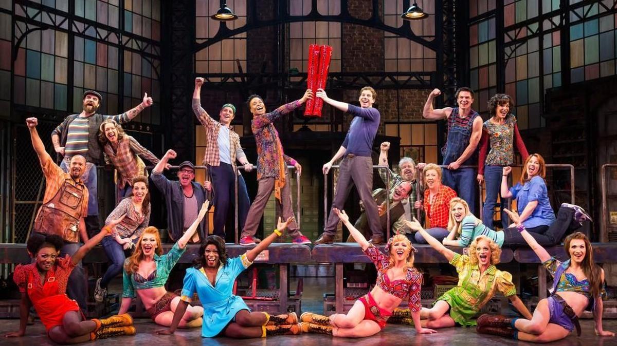 The cast of the Cyndi Lauper-scored “Kinky Boots.” “Kinky Boots” is based on the 2005 British movie about a real-life shoe factory that struggles until it finds new life in fetish footwear.