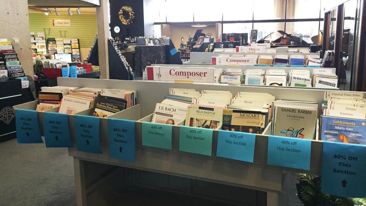 Senseney Music is liquidating much of its print music inventory, with most music 40 percent off.