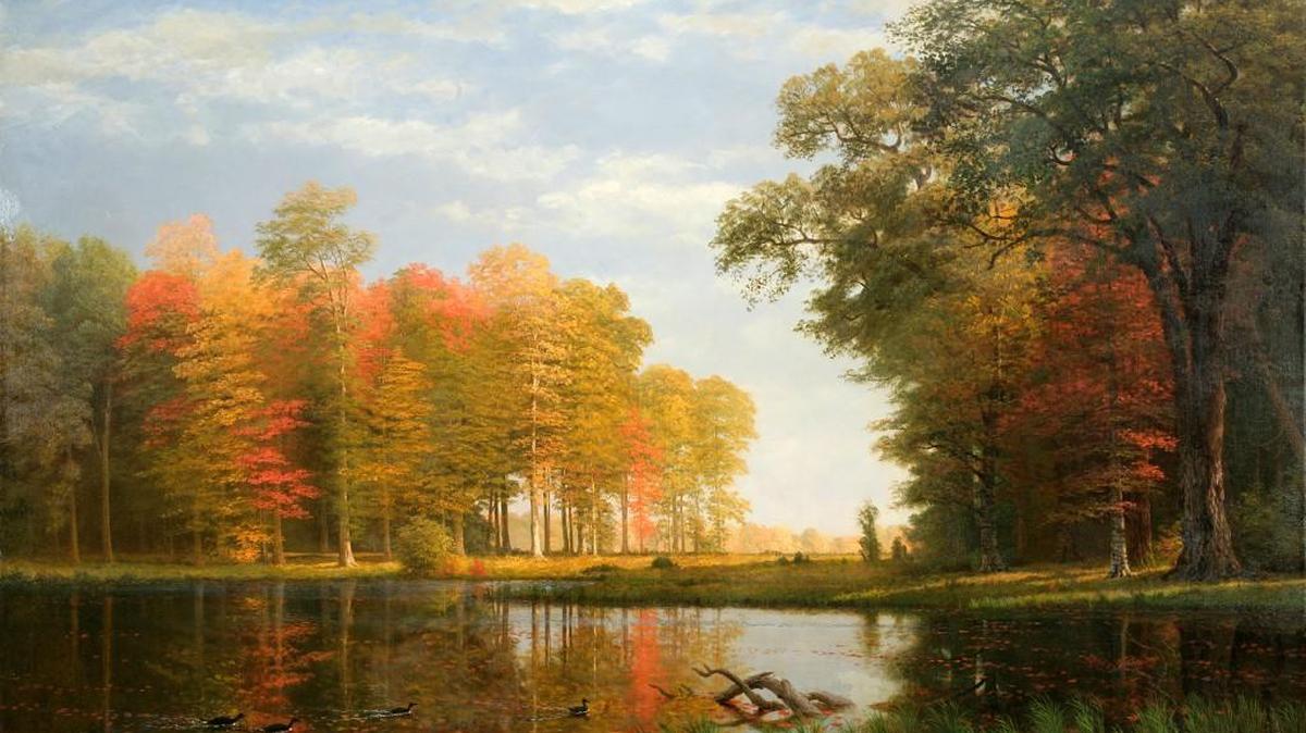 “Autumn Woods,” oil on canvas by Albert Bierstadt (1886)