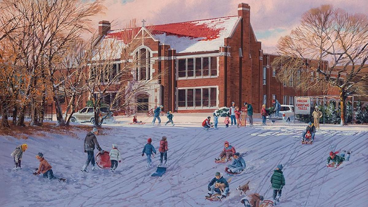 Hugh Greer’s 2016 Christmas card for the Independent Living Resource Center prominently features a classic College Hill sledding spot with Blessed Sacrament Catholic Church in the background.