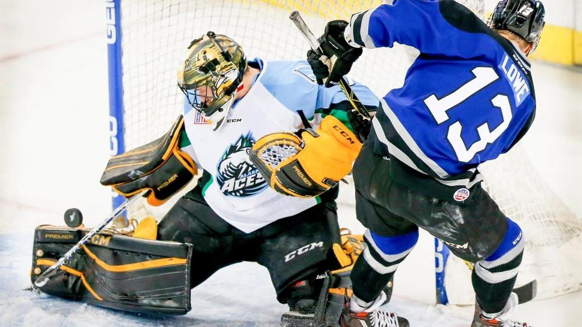 Wichita Thunder captain Ian Lowe tries to score on Alaska goalie Jacob DeSerres during a March 16 game last season at Intrust Bank Arena. Wichita opens its 2016-17 season on Saturday.