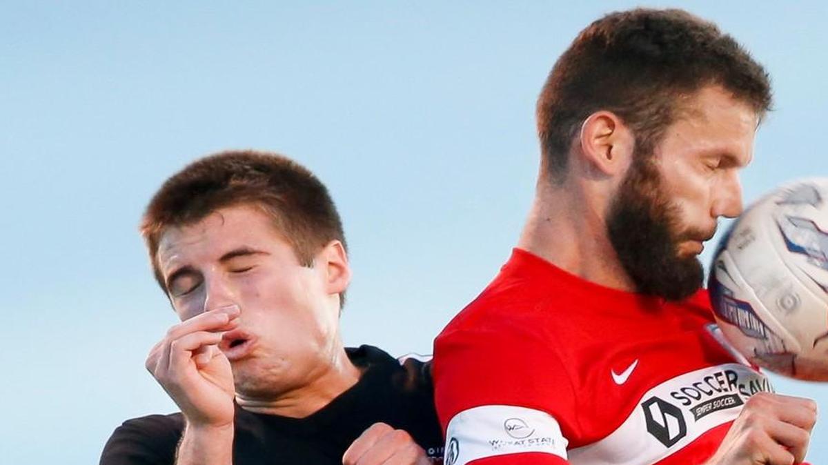 FC Wichita’s Luca Anelli, right, and Des Moines’ Connor Corrigan fight for the ball in the second half of their match at Stryker Complex on May 10.