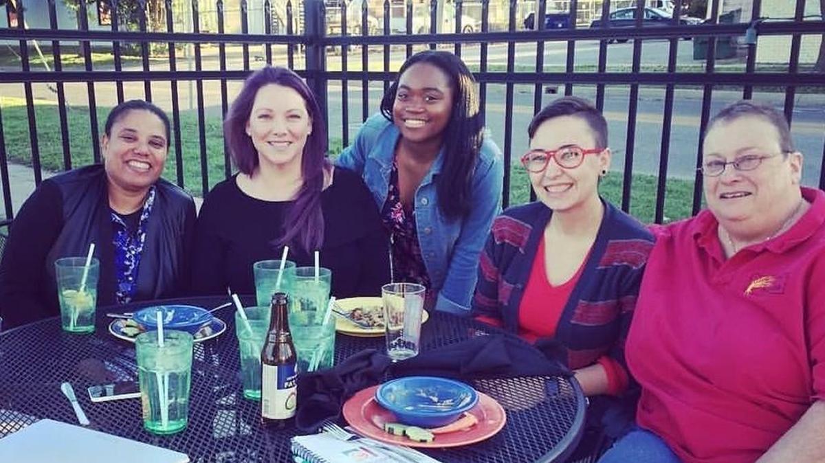 The first official in-person meeting of the Female Filmmakers of Wichita group last May at the Monarch. From left are Allison Powell, Andy McGinnis, Kate Gondwe, Michelle Dreiling and Sharon Durmaskin.
