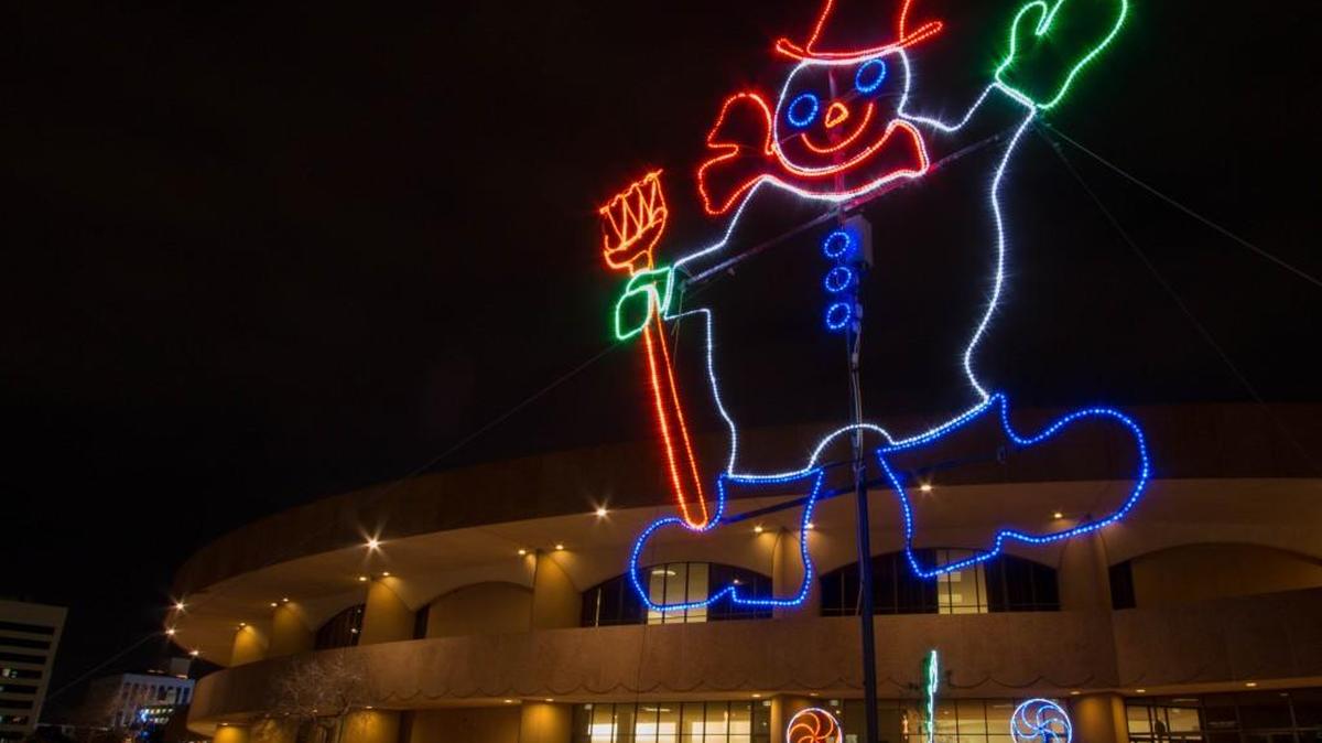 The snowman lights are set up outside Century II Expo Hall on the north side of the building. (Dec. 14, 2016)