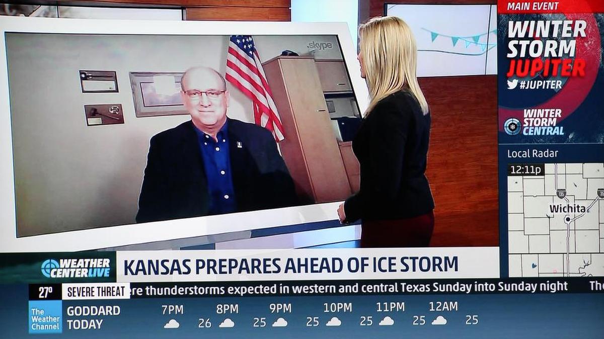 Wichita Mayor Jeff Longwell is interviewed on the Weather Channel on Friday.