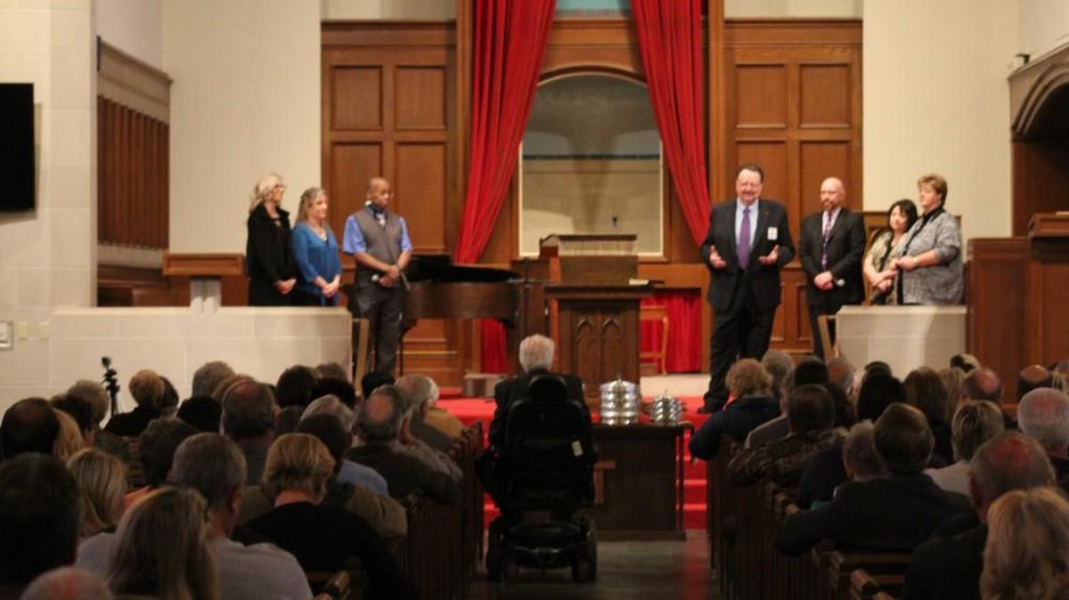 Pastor Joe Wright’s first service at the Downtown Church, Central and Market, was attended by about 200 on Sunday.
