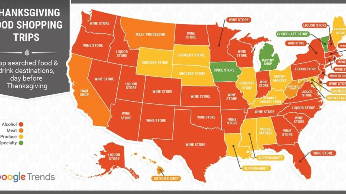 Top searched food and drink destinations by state the day before Thanksgiving.