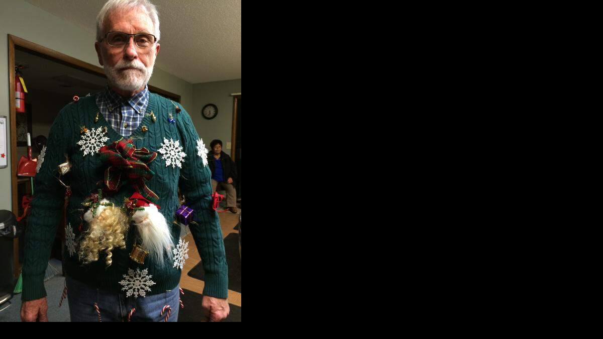 
Britton Lawson of McPherson: “A friend of mine made this wonderful, colorful, warm sweater for my church Christmas party. It’s not only homemade, but it is really ugly and hard to get on and off. Made for a fun time though!”

