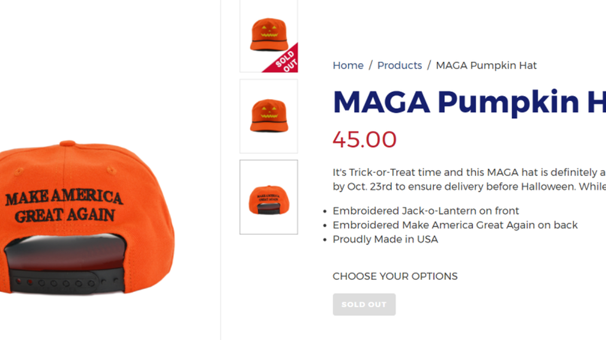The hat was sold on Trump’s re-election campaign store website for $45.