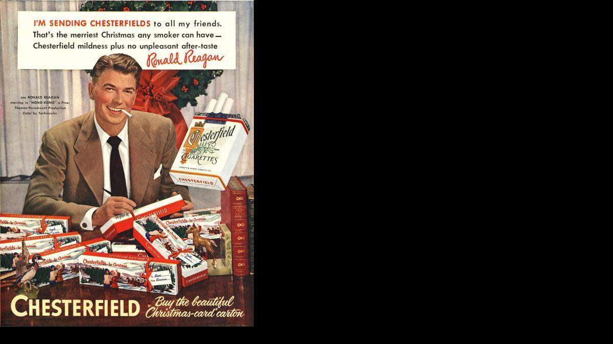 
This image shows a 1949 Chesterfield cigarette advertisement featuring future President Ronald Reagan. On April 1, 1970, President Richard M. Nixon signed a measure banning cigarette advertising on radio and television, to take effect after Jan. 1, 1971.
