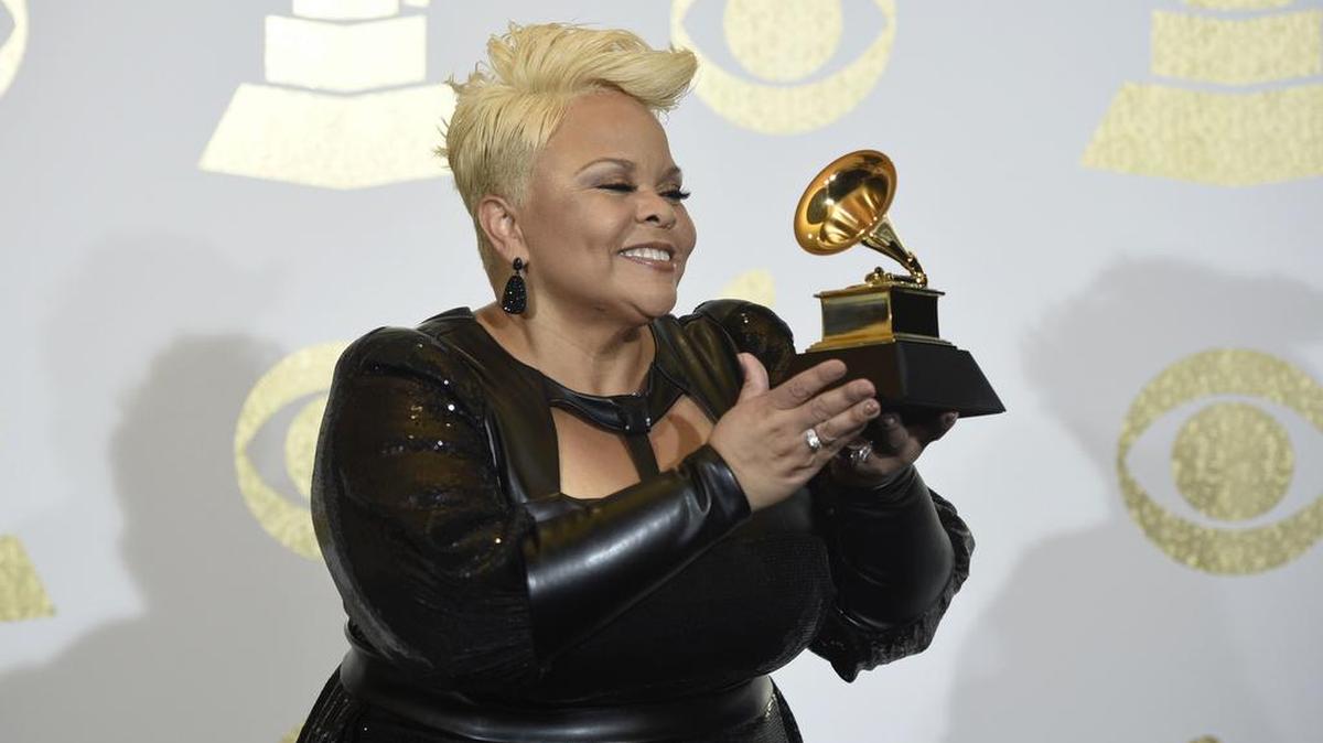 Tamela Mann poses in the press room with the award for best gospel performance/song for “God Provides” at the 59th annual Grammy Awards at the Staples Center on Sunday, Feb. 12, 2017, in Los Angeles. (Photo by Chris Pizzello/Invision/AP)