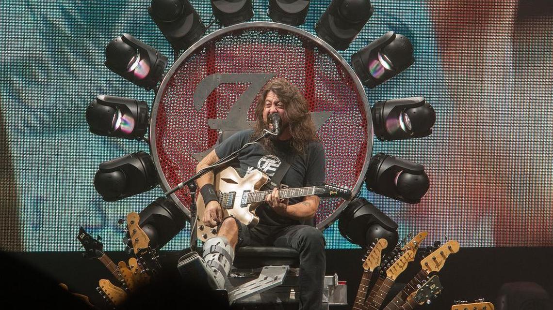 
Dave Grohl, frontman for the rock band Foo Fighters, performed Friday at the Sprint Center in Kansas City. Grohl broke his leg earlier in the tour when he fell off stage and now does the show from his custom-made throne. 
