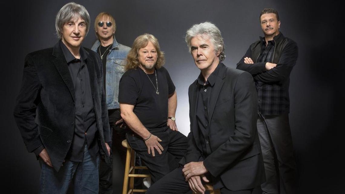 This June 2014 photo provided by Three Dog Night shows, band members, Cory Wells, from left, Paul Kingery, Michael Allsup, Danny Hutton, and Pat Bautz of the music group, Three Dog Night, posing for a portrait, in Las Vegas. Wells, a founding member of the popular 1970s band and lead singer on such hits as "Never Been to Spain" and "Mama Told Me (Not to Come)," has died at age 74. Wells experienced acute back pain weeks ago and died suddenly Tuesday, Oct. 20, 2015, in Dunkirk, where he had lived, bandmate Hutton said. (Steve Spatafore/Three Dog Night via AP)