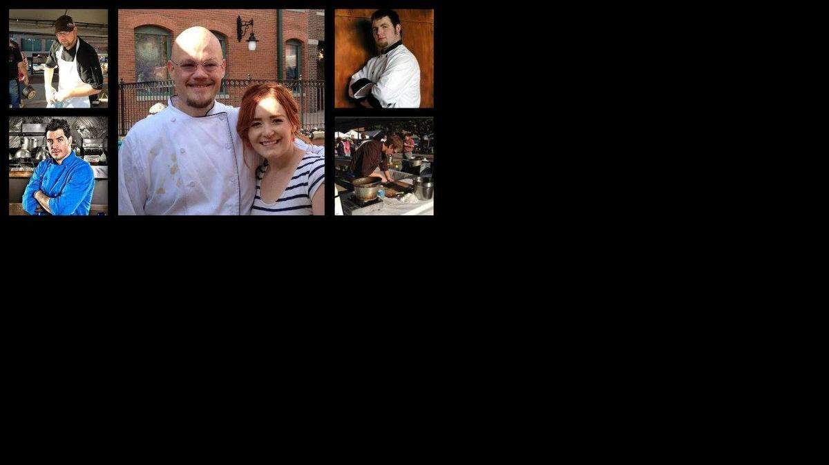 
This nifty collage created by the Old Town Farmers’ Market shows the chefs that will be competing on Saturday morning. Center, Wesley Medical Center’s executive chef Curtis Isley; top left, Ambassador’s Ben George; bottom left, Taste & See’s Jason Febres; to right, Eurest Dining Service’s Jeremy Pacacha; bottom right, Travis Joy from Harvest Kitchen/Bar.
