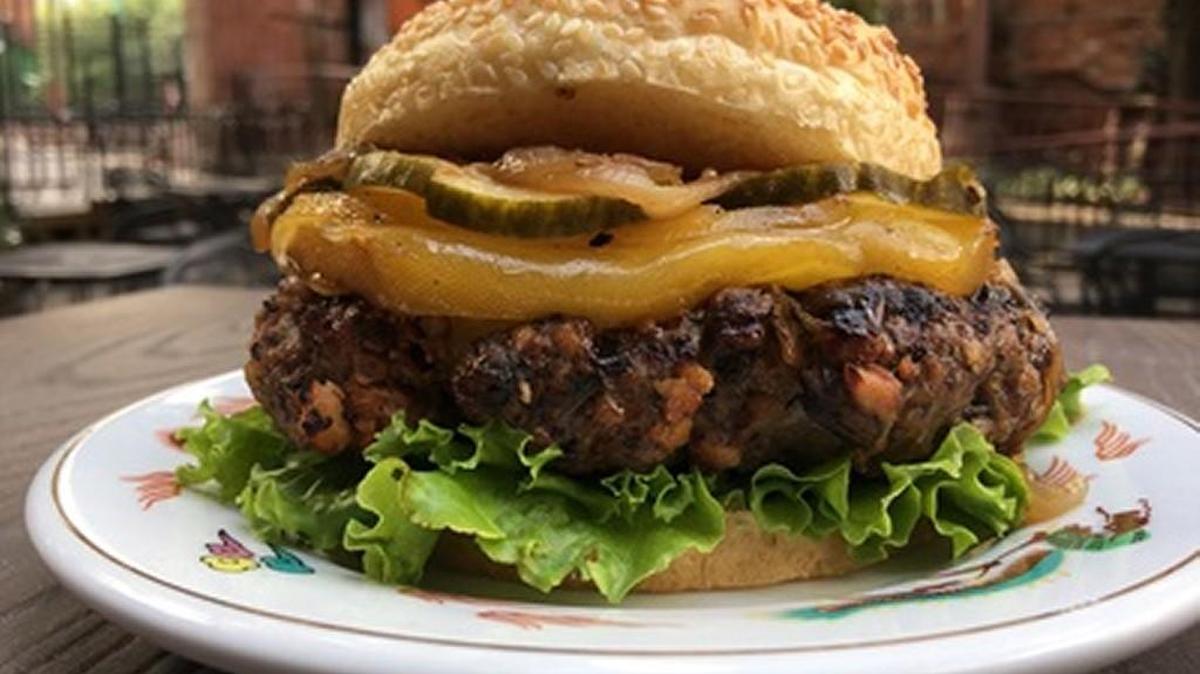 “The Bomb Burger,” Public at the Brickyard’s entry into the national Blended Burger Project, is made by mixing baby bella mushrooms, button mushrooms, mushroom powder and soy protein with Yoder ground beef.