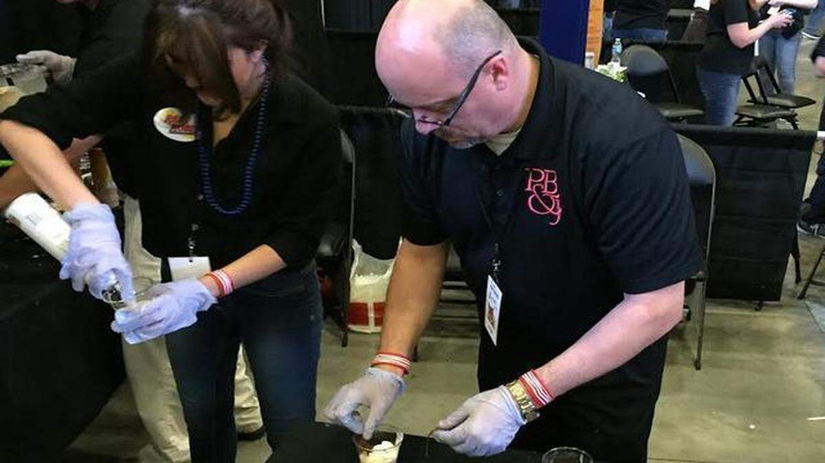 
Red Robin manager Monty Noggle and his staff feverishly blended bacon milkshakes for the masses at Saturday’s Midwest Baconfest.

