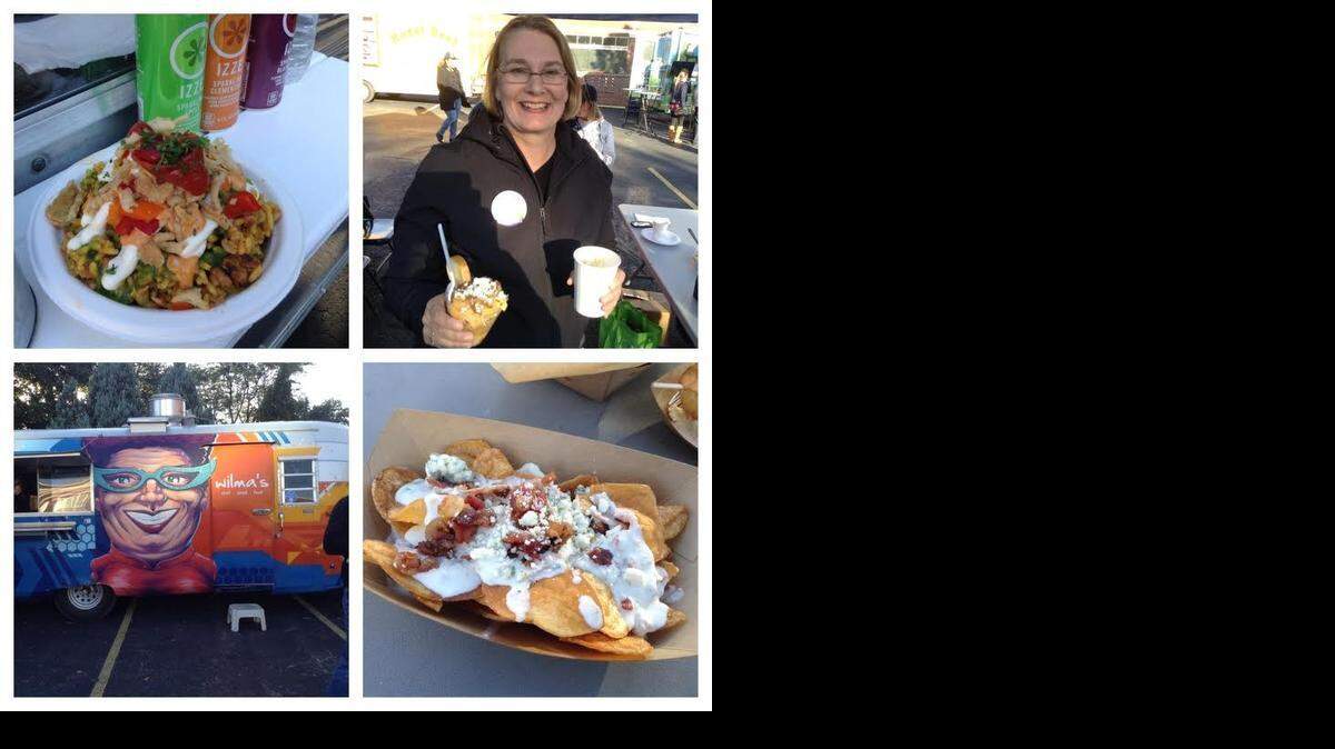 
In preparation for a Halloween-themed food truck event at the Wichita Eagle on Oct. 24, staffers traveled to Kansas City on Friday to check out the Kansas City Star’s food truck meetup. Pictured here, clockwise from top left, is paella from a Spanish tapas truck called El Tenedor, Kansas City Star food editor Jill Silva, some blue-cheese covered chips from Moosetruck, and the playful paint job on the Wilma’s Real Good Food truck.
