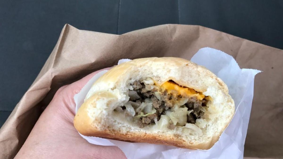 An M&M Bierock is filled with beefy, cabbage-y, cheesy goodness.