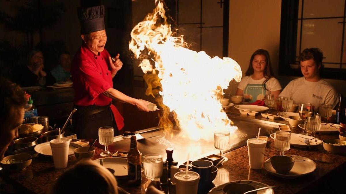 Kobe Steakhouse is cooking pancakes on its hibachi grills on Saturday morning.