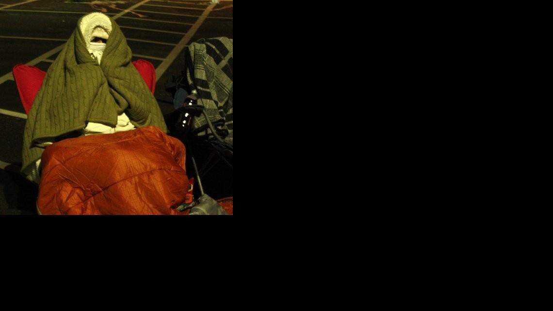 
A freezing cold Chick-fil-A camper in Derby, trying to earn free food for a year.
