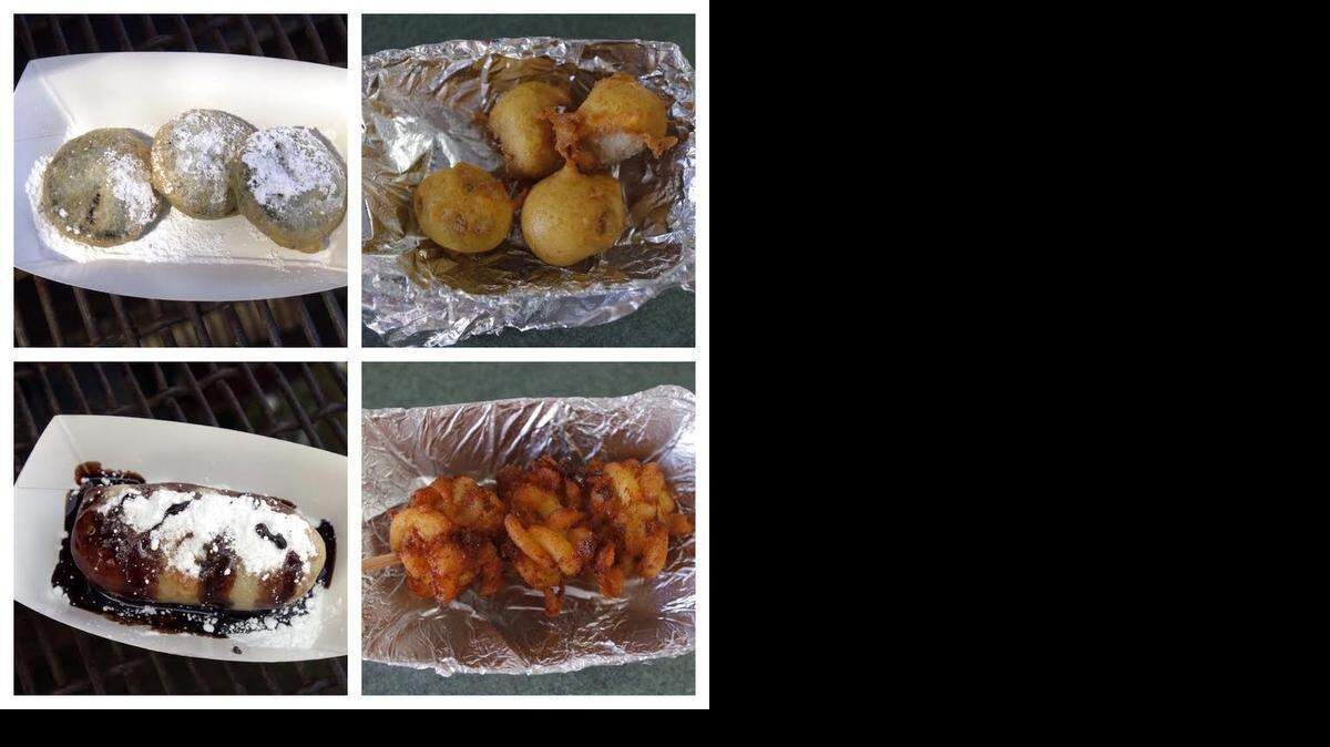 
The tradition of deep-fried delicacies at the Kansas State Fair will continue this year with deep-friend Klondike Bars, deep-fried Jell-O and deep-fried Nutella. Pictured here are some of the fried offerings from the past. Clockwise from top left: deep-fried Oreos (2003), deep-fried birthday cake (2013), deep-fried mac and cheese (2013) and deep-fried Twinkie (2006).
