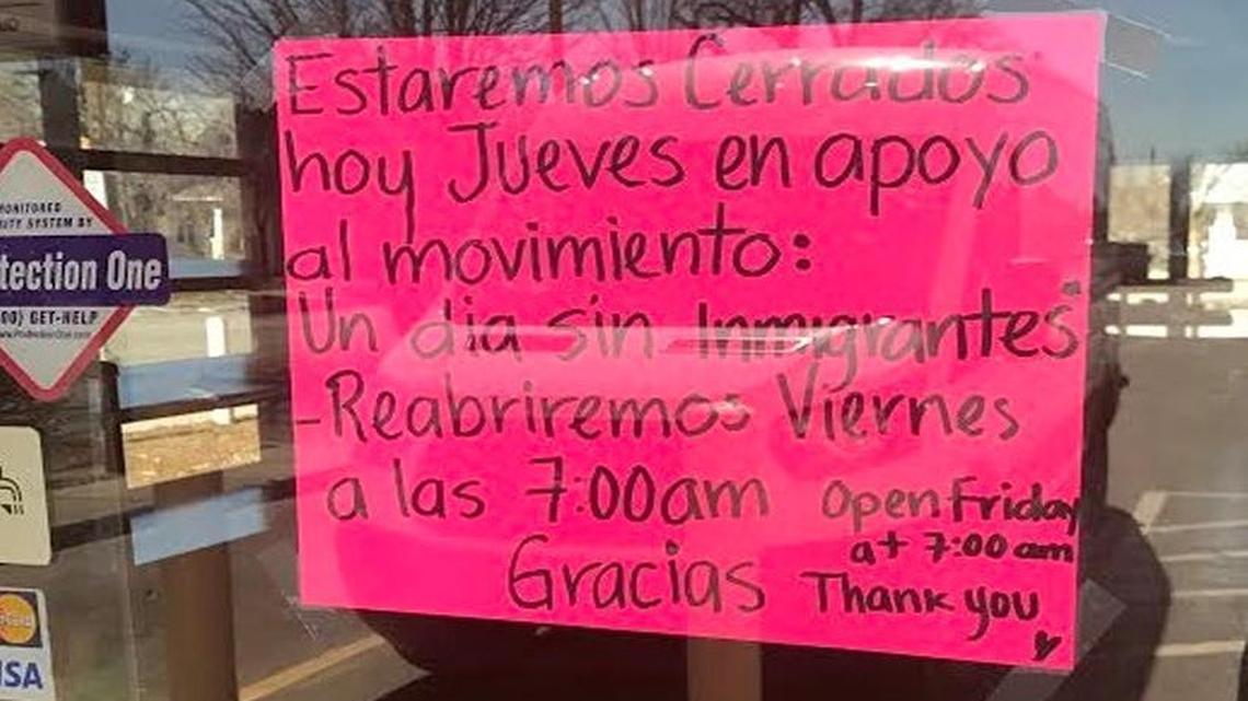 The sign posted on the door at Juarez Bakery at Ninth and Waco on Thursday told customers that the restaurant was closing for the day to support the “Day Without Immigrants” movement.