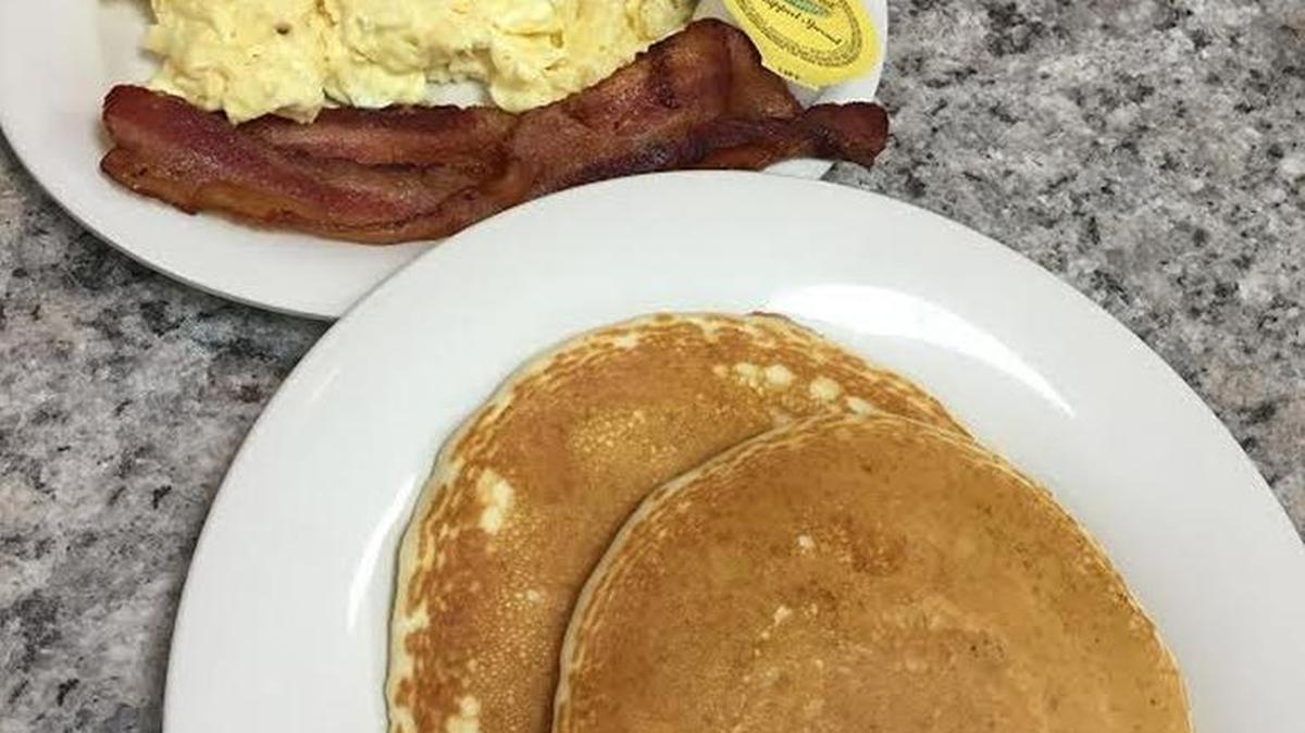 The Livingston Special offers bacon or sausage, two eggs made your way and two large, fluffy, perfectly cooked pancakes.