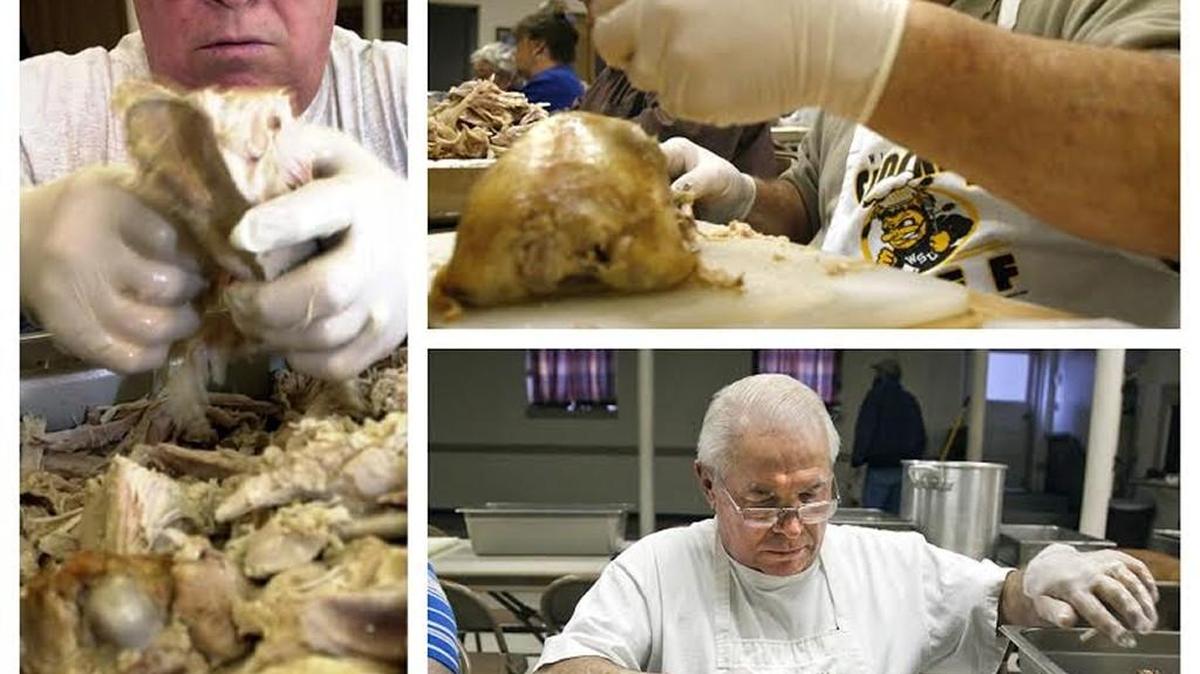 Cliff Simmons is the longtime organizer of the annual chicken noodle dinner at St. Paul’s United Methodist Church. These photos of him preparing poultry for the dinner were taken in 2004, left, 2007, top right, and 2014.