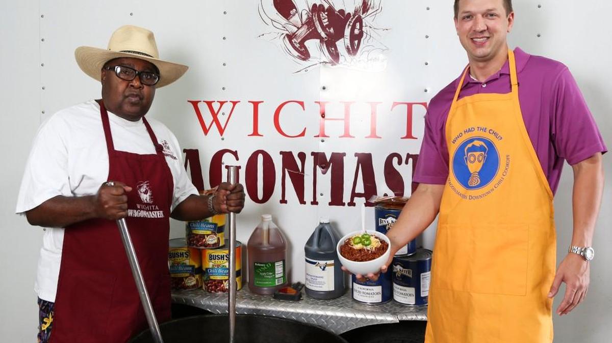 Bob Thompson, left, serves as head cook for the Wichita Wagonmasters, and Kevin Steckley is chairman of the downtown chili cookoff.