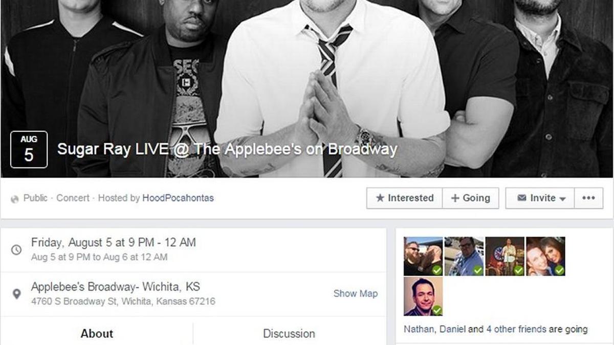 Screenshot of a Facebook event page that has many people believing they’ll see Sugar Ray at a Wichita Applebee’s in August.