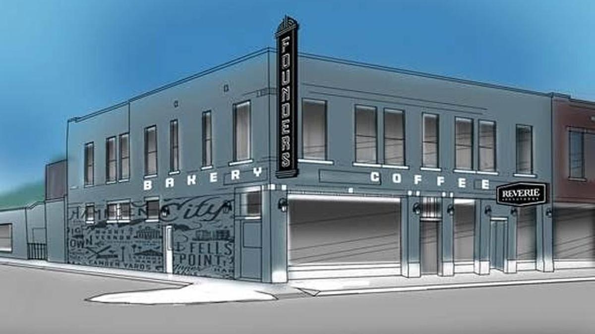 An artist’s illustration shows what the new Reverie/ Founders Bakery will look like at the corner of Douglas and Madison, across from East High School. Andrew Gough hopes to open his expanded business in its new space in early 2017.