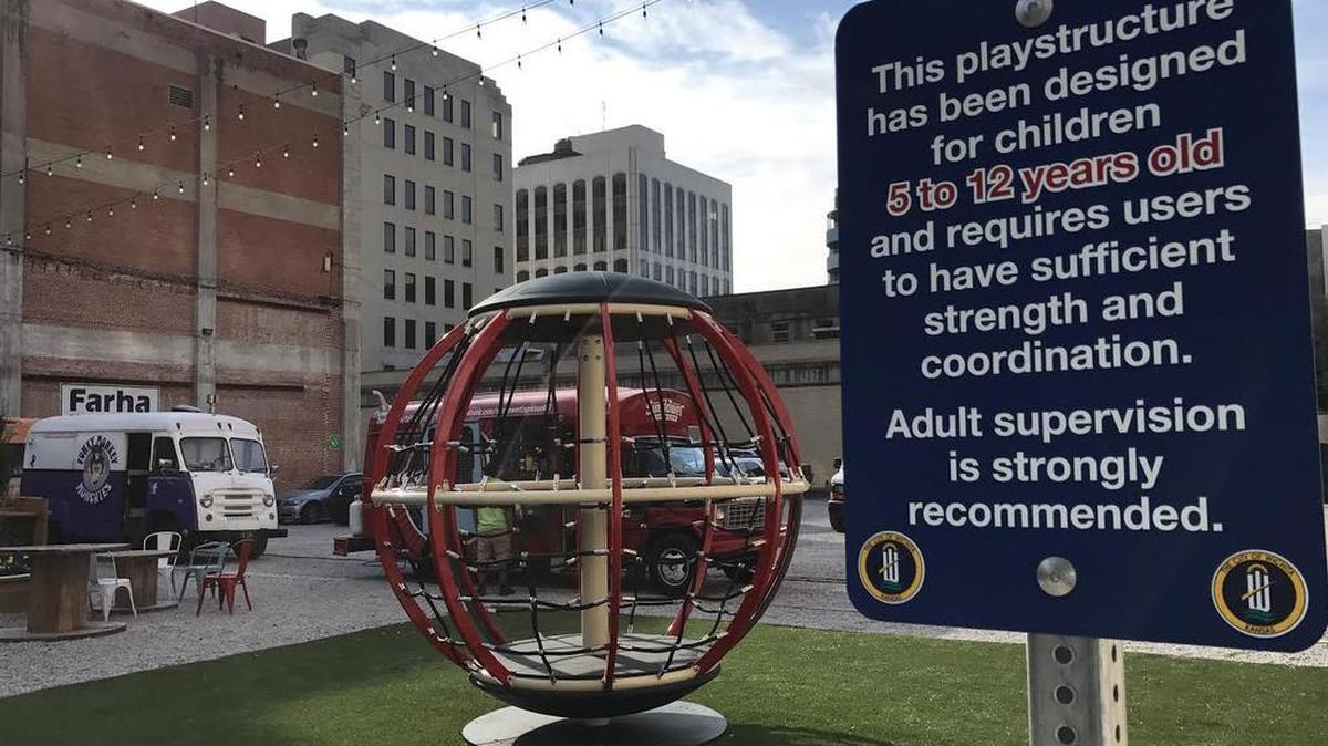 A new playground structure, designed to show off what modern playground equipment is like, has been temporarily stationed at the ICT Pop-Up Urban Park.