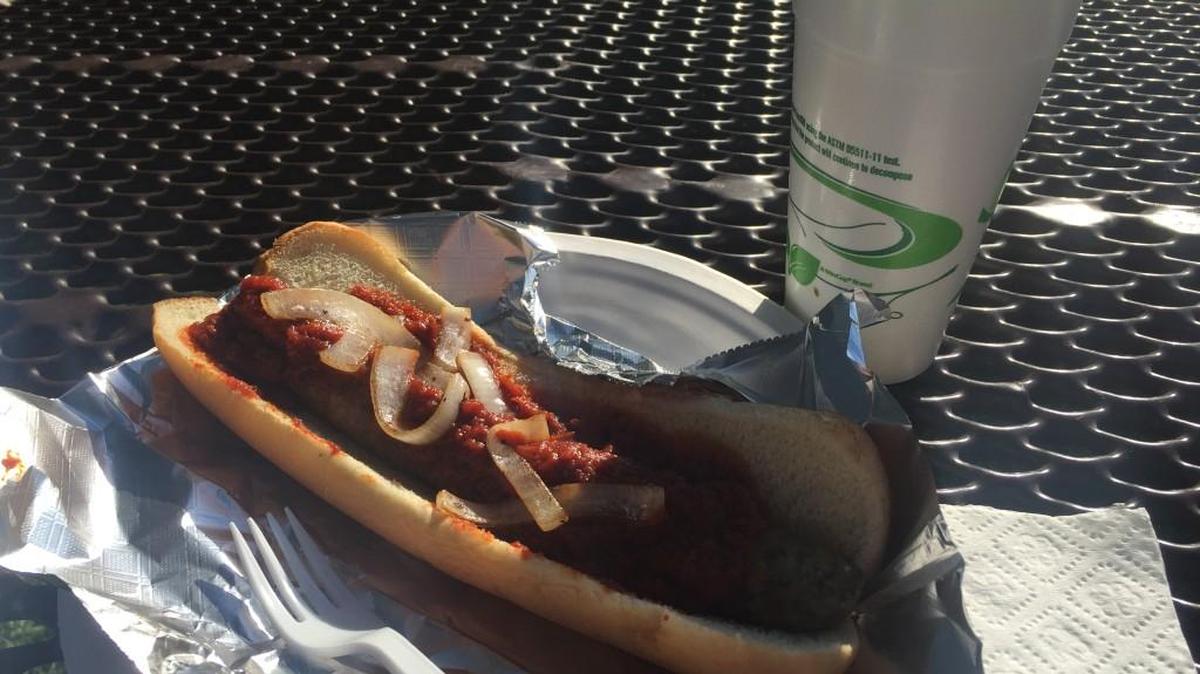 Scimeca’s Italian sausage is available for $6 at a vendor off of the main food court area.