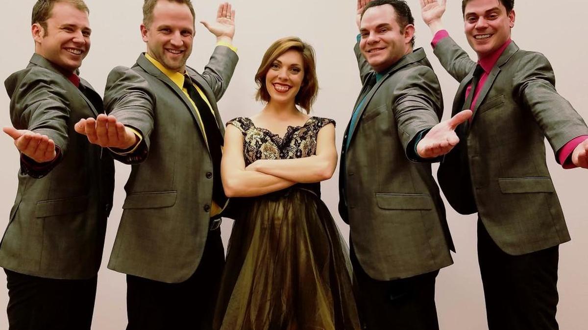 The Forum Theatre is producing “Life Could Be A Dream,” a musical about a doo-wop group preparing to enter a radio contest that could propel them to the big time. From left: Ryan Ehresman, Ted Dvorak, Chelsey Moore, Michael Karraker and Matt Starkey.