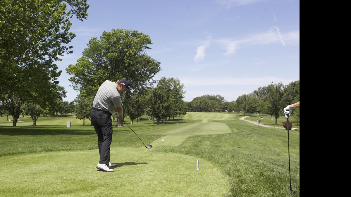 
Seamus Power tees off of No. 9 during the Air Capital Classic at Crestview Country Club Thursday morning. Power finished at seven under par, which lead the morning group at the tournament. 

