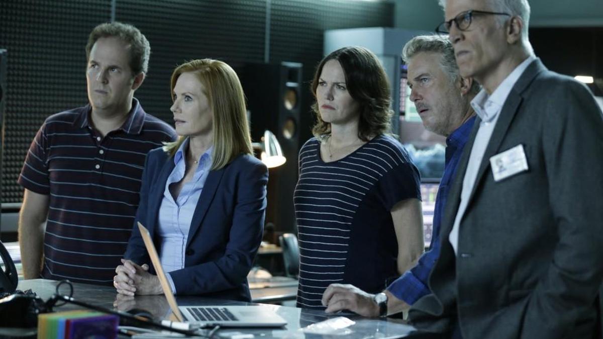 
From left, David Berman, Marg Helgenberger, Jorja Fox, William Petersen and Ted Danson appear in the two-hour series finale of “CSI: Crime Scene Investigation.” 
