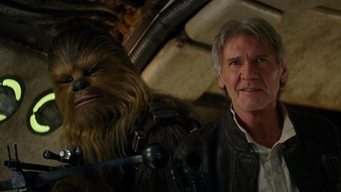 Peter Mayhew as Chewbacca and Harrison Ford as Han Solo star in “Star Wars: The Force Awakens” directed by J.J Abrams.