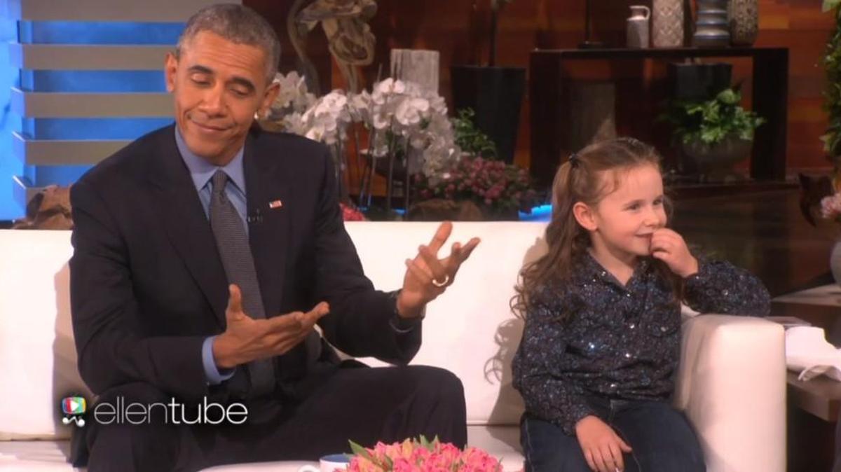 President Obama meets Macey Hensley, 6, of Council Grove on “The Ellen DeGeneres Show.” The show was set to air Friday, Feb. 12.