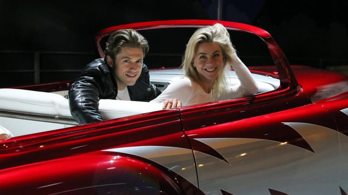 Aaron Tveit, left, and Julianne Hough rehearse for “Grease: Live,” airing live Sunday.