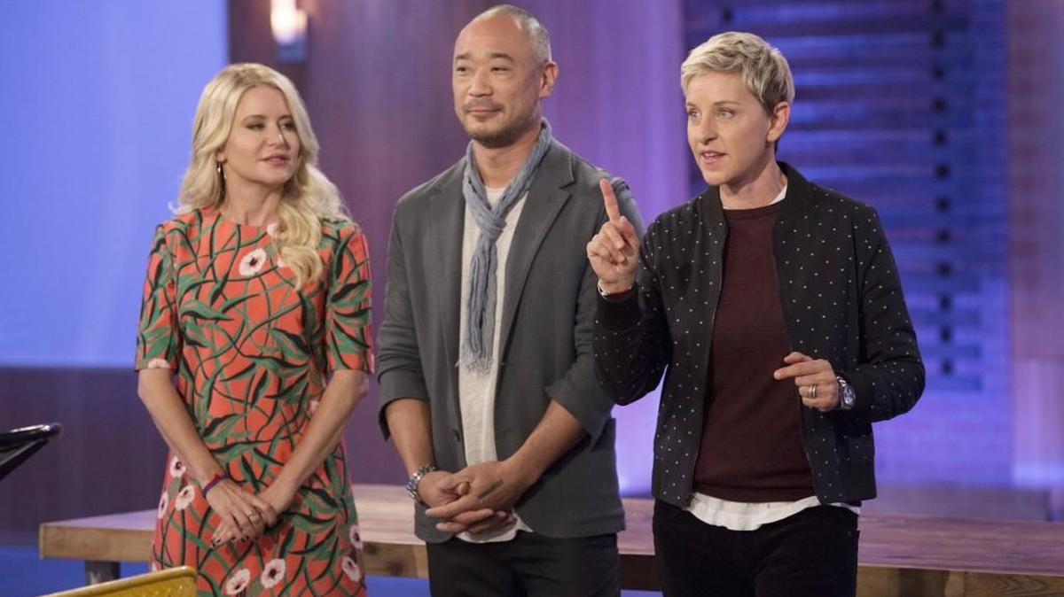 Judges Christiane Lemieux, from left, and Cliff Fong with Ellen DeGeneres during the taping of "Ellen's Design Challenge," which is returning for a second season.