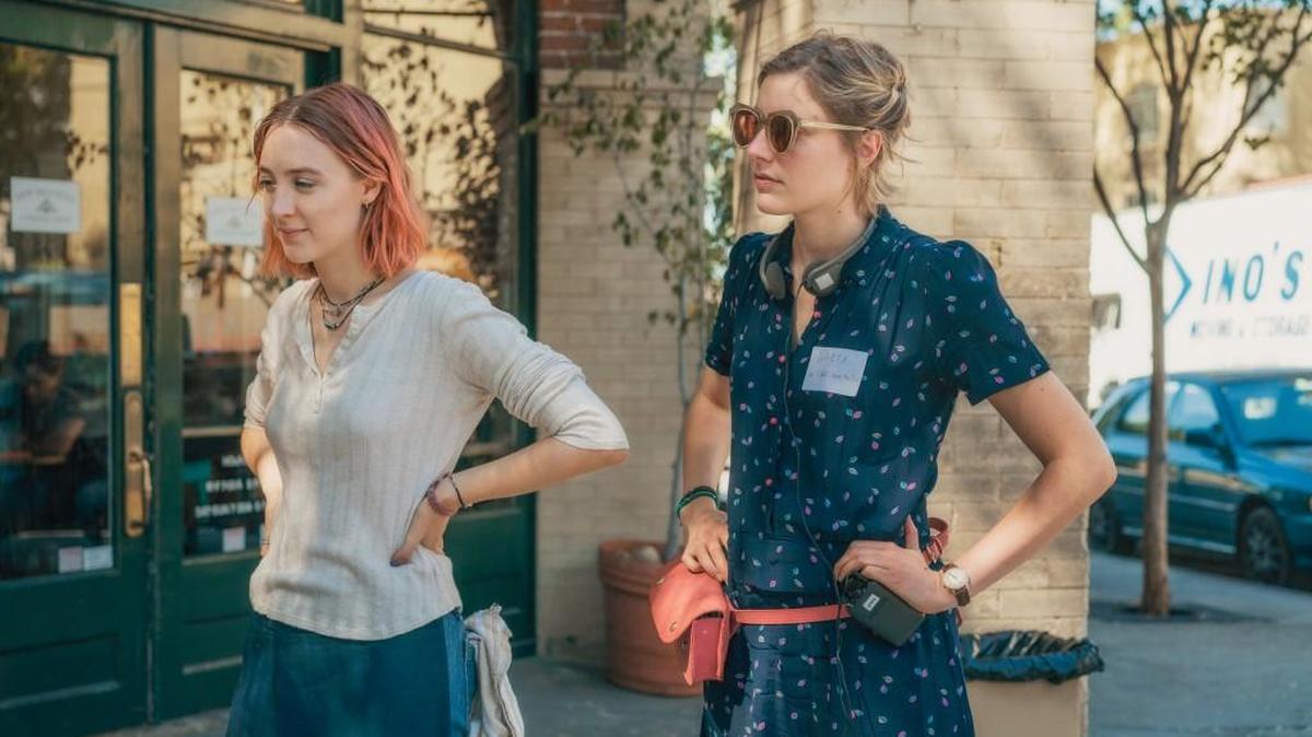 Saoirse Ronan, left, and writer/director Greta Gerwig on the set of “Lady Bird.”